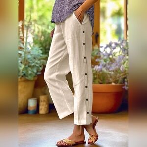 Elegant Cream Button-Down Women's Wide Leg Cropped Pants Full Size Plus Size
